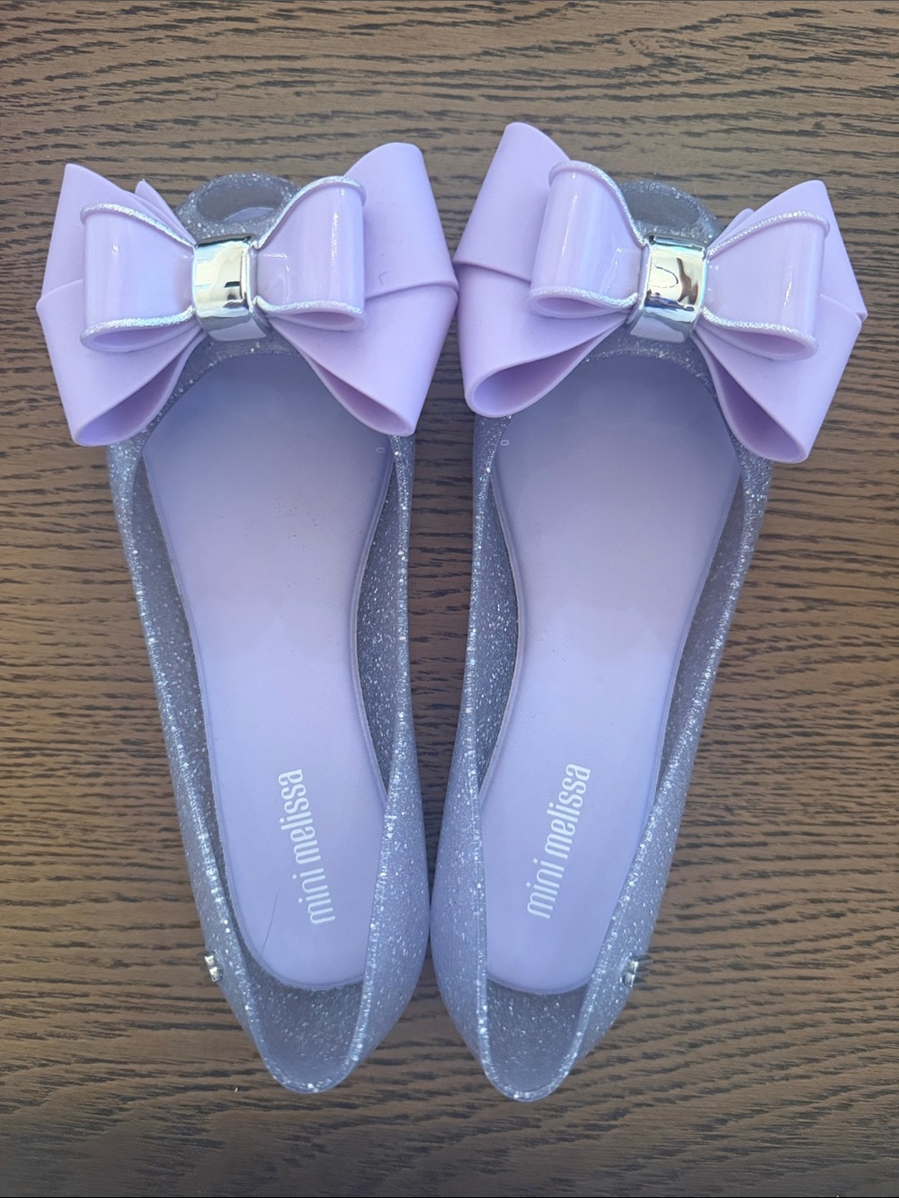 Mini Melissa Lilac Glitter Bow Jelly Flats with Silver Accent